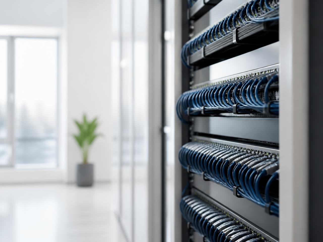 Network switch with organised cabling in a business server cabinet